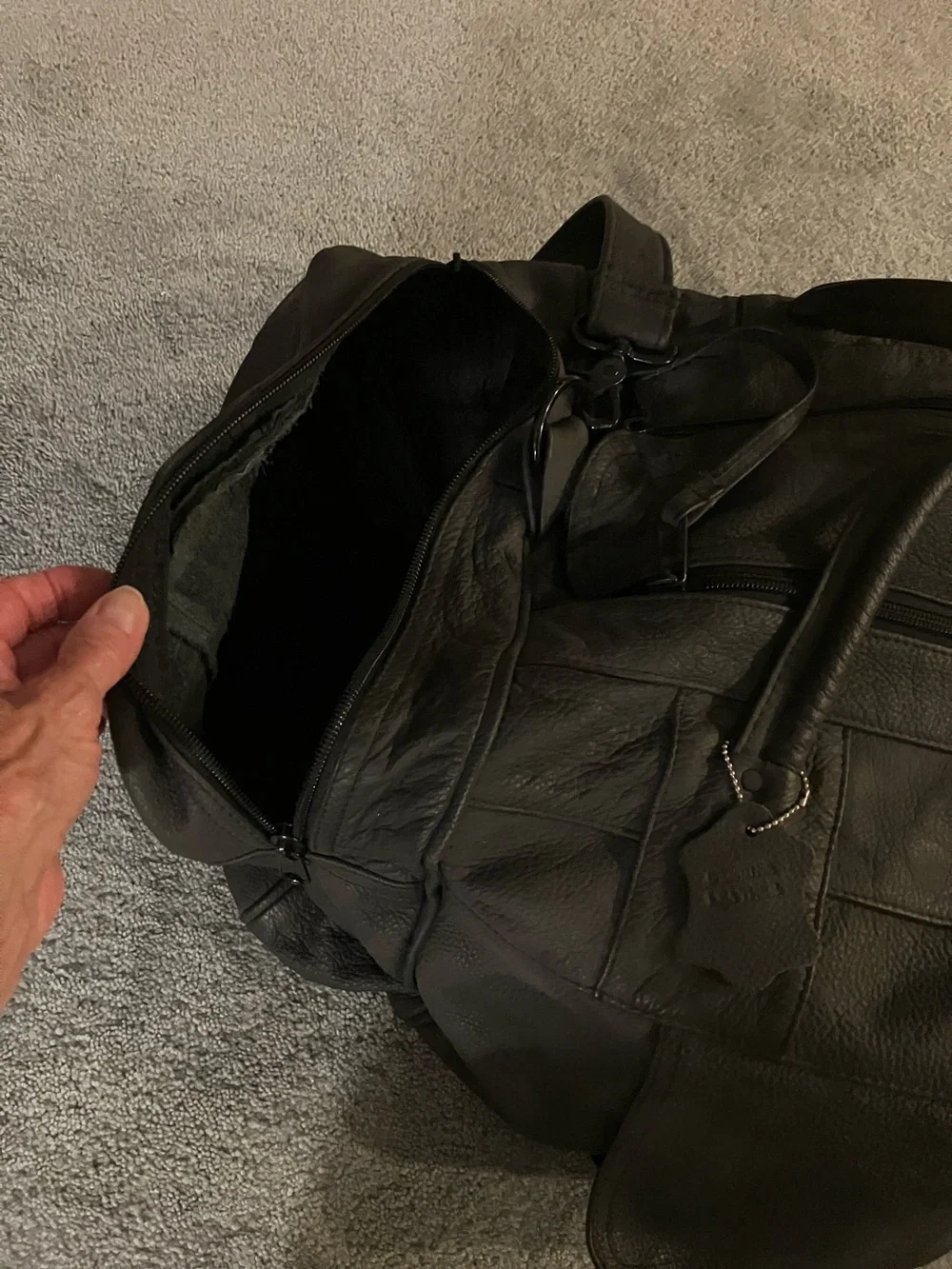 Classic Black Leather Weekender Duffel Bag